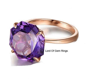 10.5ct Octagonal Amethyst Solitaire Engagement Ring 14K Rose Gold - Lord of Gem Rings
