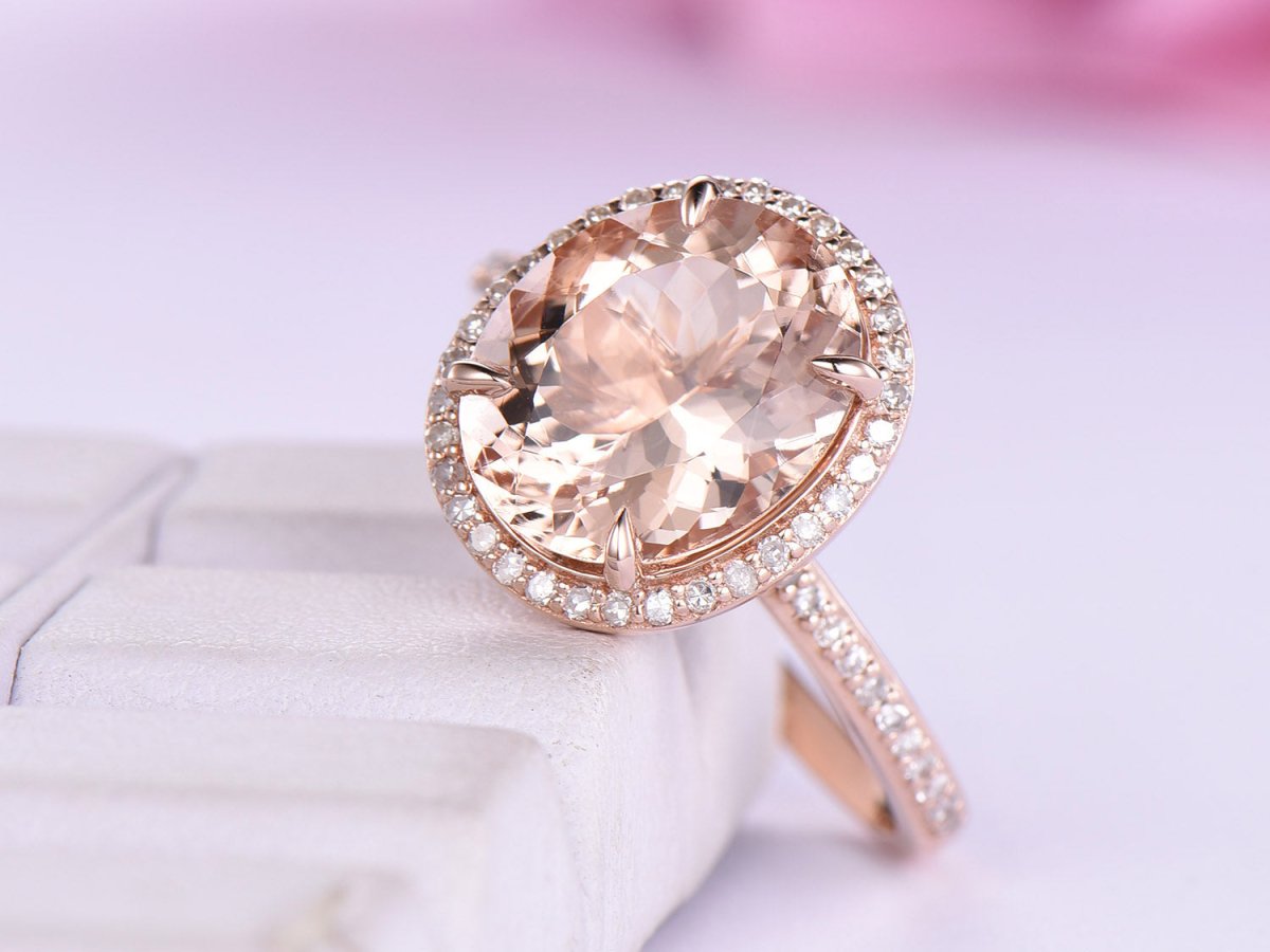 10x12mm Oval Prong Set Morganite Ring Pave Diamond 14K Rose Gold - Lord of Gem Rings