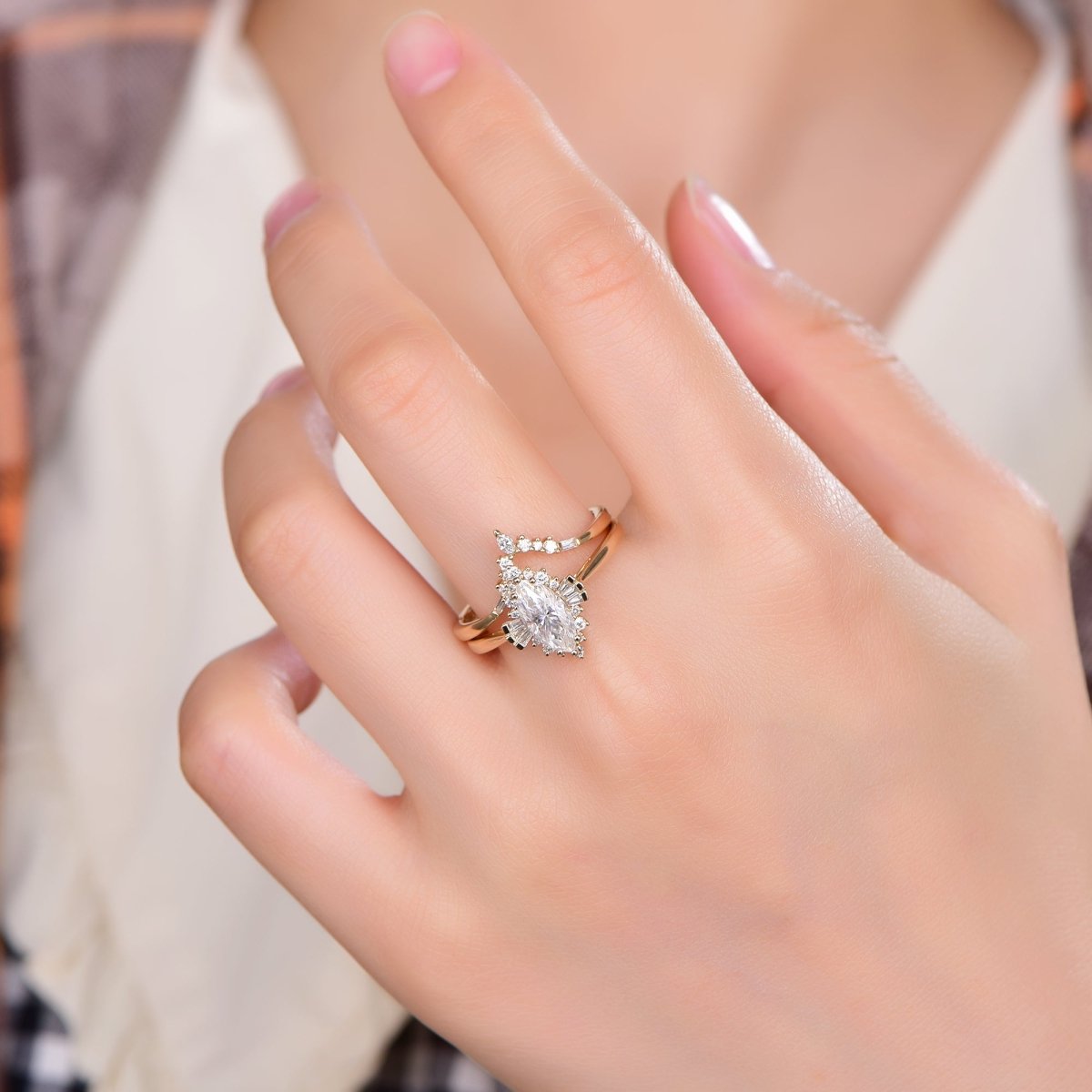 1.1ct Marquise Moissanite Engagement Contour Bridal Set 14K Yellow Gold - Lord of Gem Rings