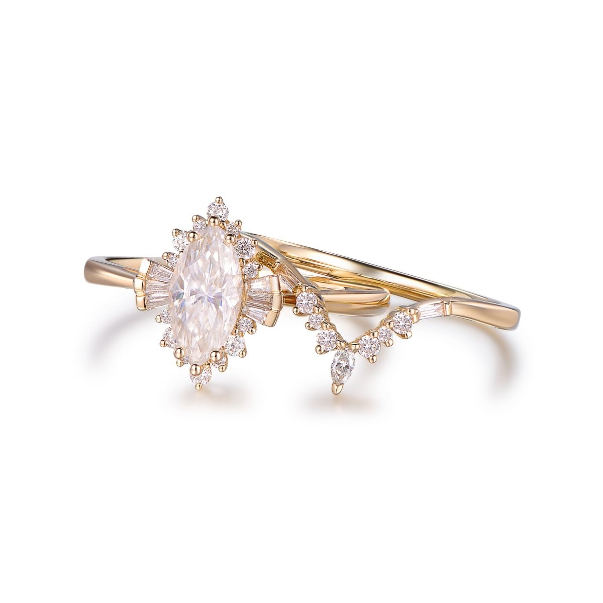 1.1ct Marquise Moissanite Engagement Contour Bridal Set 14K Yellow Gold - Lord of Gem Rings