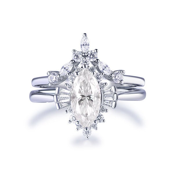 1.1ct Marquise Moissanite Engagement Ring Chevron Bridal Set 14K Rose Gold - Lord of Gem Rings