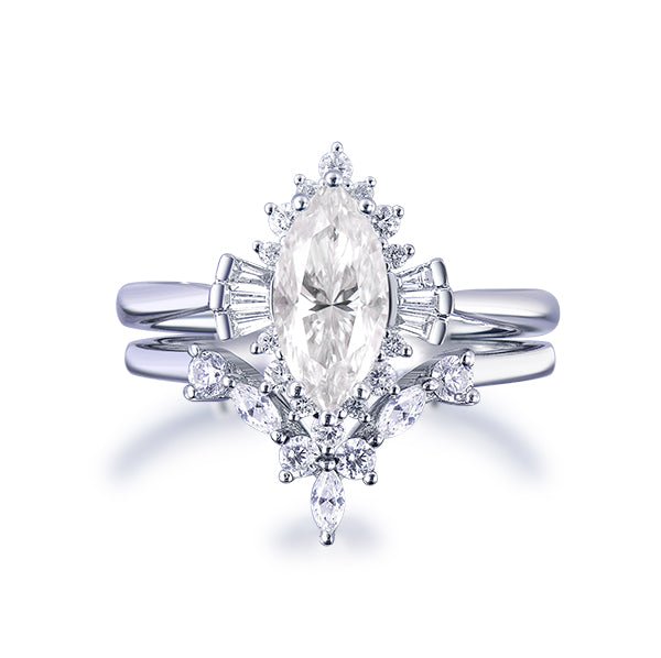 1.1ct Marquise Moissanite Engagement Ring Chevron Bridal Set 14K White Gold - Lord of Gem Rings
