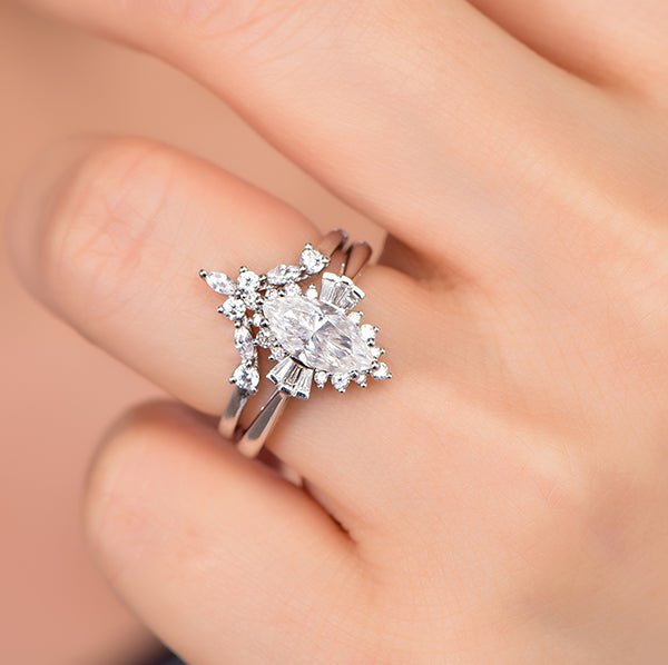 1.1ct Marquise Moissanite Engagement Ring Chevron Bridal Set 14K White Gold - Lord of Gem Rings