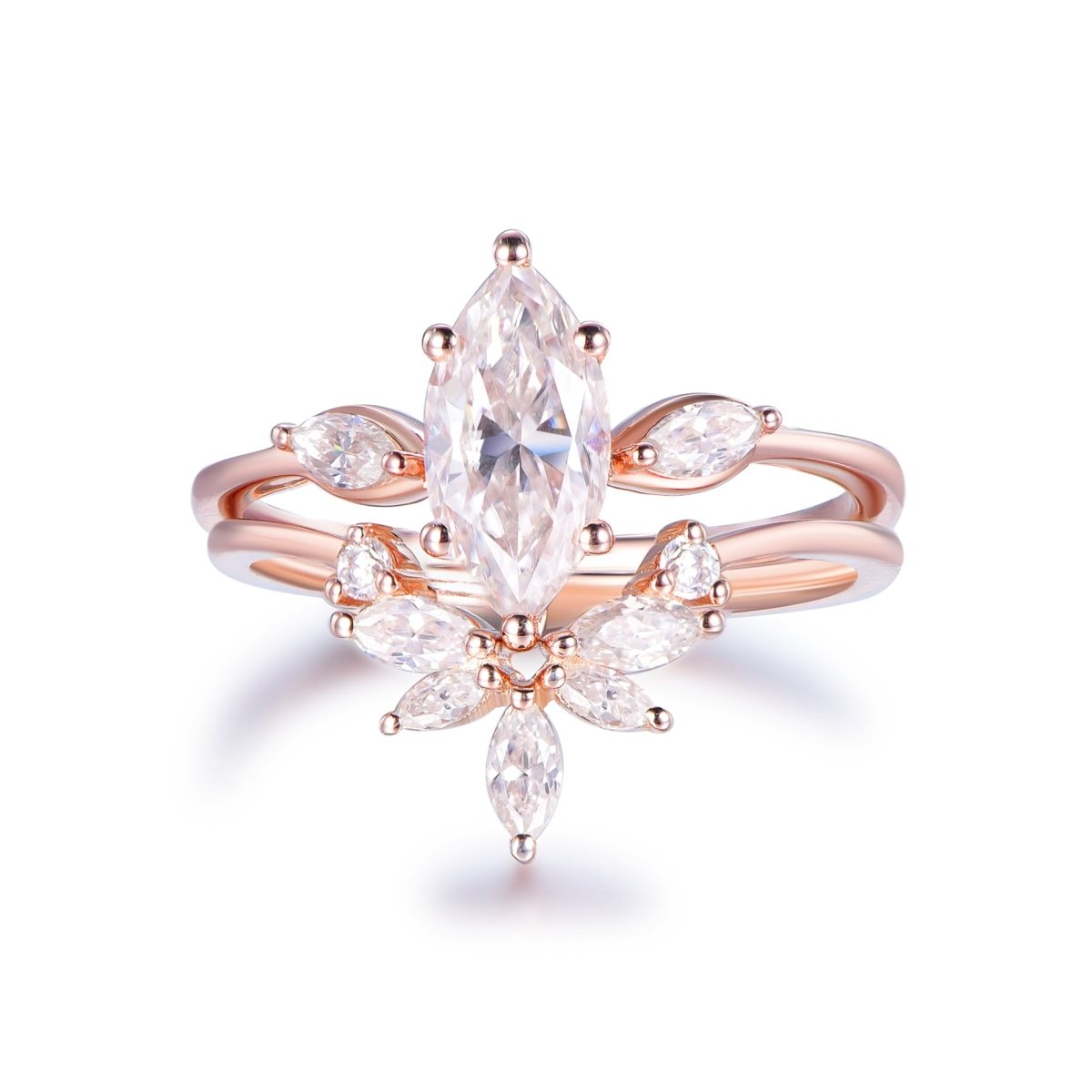 1.1ct Marquise Moissanite Ring Chevron Band Bridal Set 14K Gold - Lord of Gem Rings