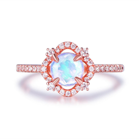 1.1ct Round Moonstone Moissanite Cushion Halo Ring 14K Gold