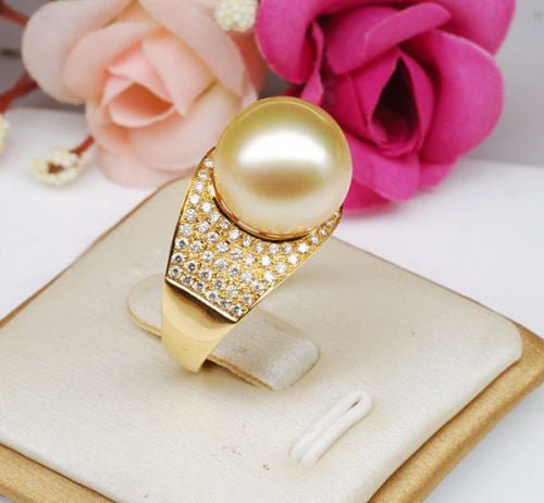 11mm South Sea Pearl .65CT Diamonds Engagement Ring in 14K Yellow Gold - Lord of Gem Rings