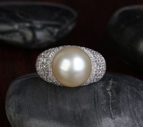 12.3mm South Sea Pearl 1.11CT Diamond Engagement Ring in 14K White Gold - Lord of Gem Rings