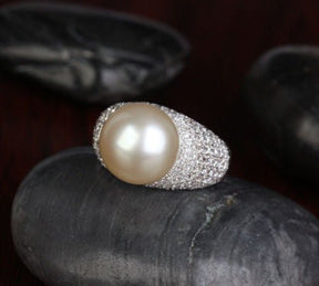 12.3mm South Sea Pearl 1.11CT Diamond Engagement Ring in 14K White Gold - Lord of Gem Rings