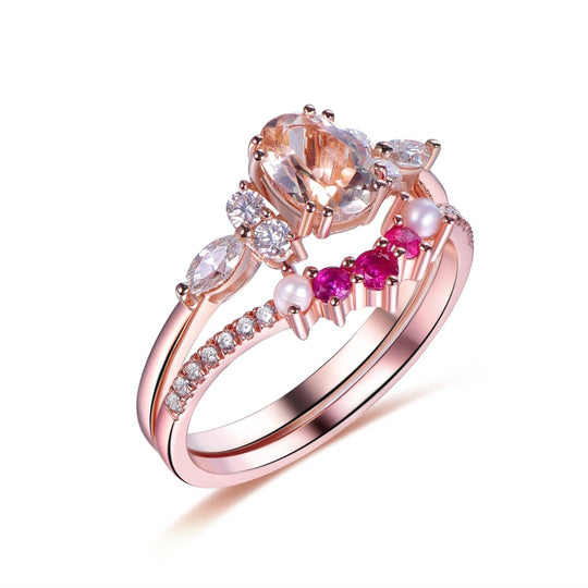 1.2ct Oval Morganite Three Stone Bridal Set 14K Gold