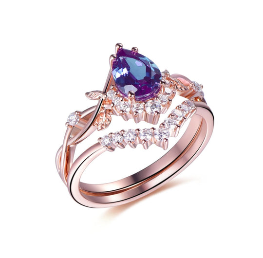 1.4ct Pear Alexandrite Moissanite Twist Vine Bridal Set 14K Gold