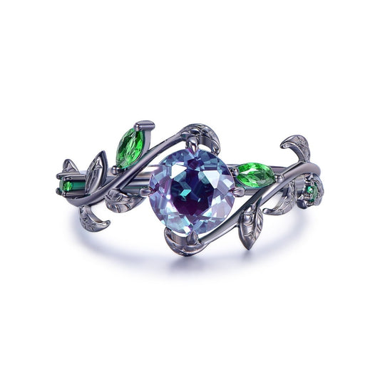 1.4ct Round Alexandrite Marquise Emerald Vine Ring in 14K Gold/Silver