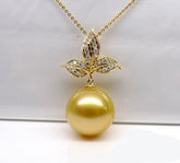 14K Yellow Golden South Sea Pearl and Diamond Pendant (10mm) - Lord of Gem Rings