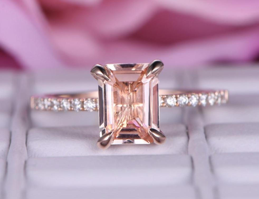 1.7ct Emerald Cut Morganite Ring Full Cut Diamond Shank 14K Rose Gold - Lord of Gem Rings