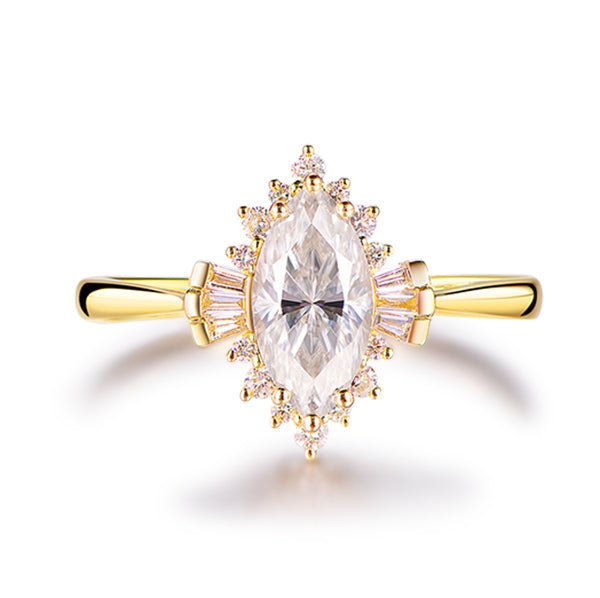 1ct Art Deco Marquise Moissanite & Diamond Engagement Ring in 14K Yellow Gold - Lord of Gem Rings