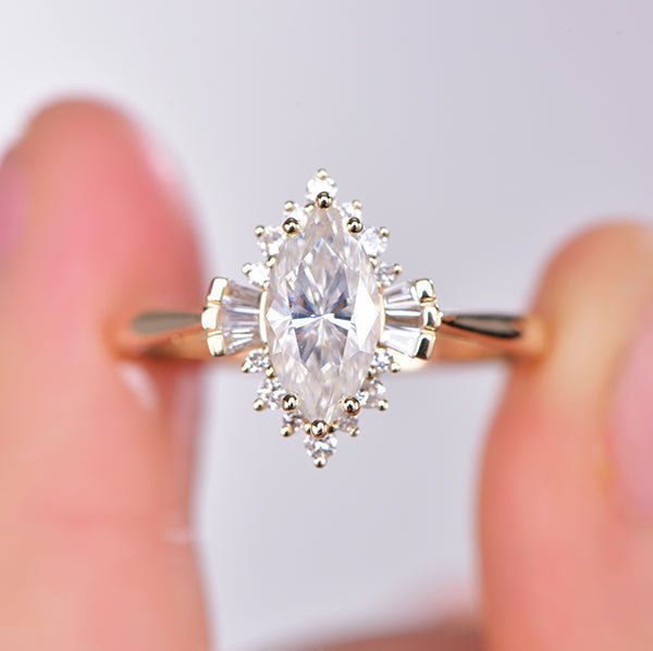 1ct Art Deco Marquise Moissanite & Diamond Engagement Ring in 14K Yellow Gold - Lord of Gem Rings
