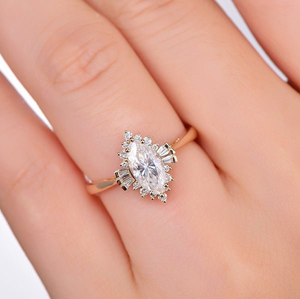 1ct Art Deco Marquise Moissanite & Diamond Engagement Ring in 14K Yellow Gold - Lord of Gem Rings