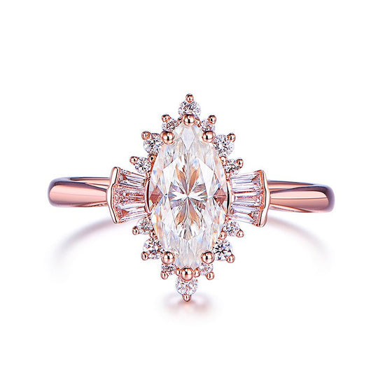 1ct Art Deco Marquise Moissanite & Diamond Engagement Ring in Rose Gold