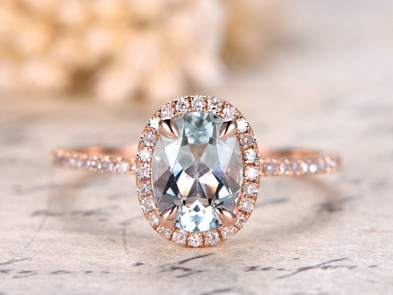 2.5ct Natural Oval Aquamarine Diamond Halo Ring 14K Rose Gold - Lord of Gem Rings