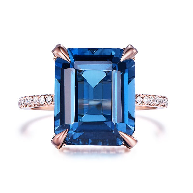 Emerald Cut London Blue Topaz Engagement Ring Pave Diamond Wedding