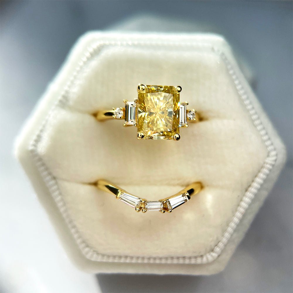 3 Carat Radiant Cut Moissanite Engagement Wedding Ring Set in 14K Gold - Elongé Nova - Lord of Gem Rings
