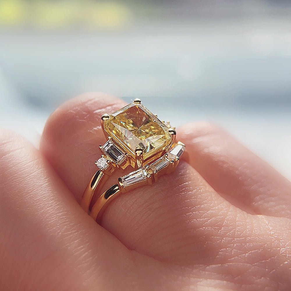 3 Carat Radiant Cut Moissanite Engagement Wedding Ring Set in 14K Gold - Elongé Nova - Lord of Gem Rings