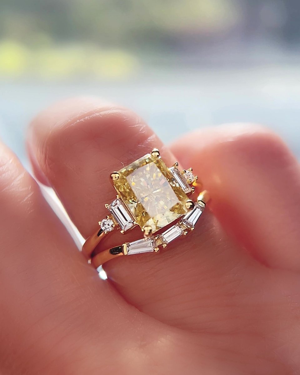 3 Carat Radiant Cut Moissanite Engagement Wedding Ring Set in 14K Gold - Elongé Nova - Lord of Gem Rings