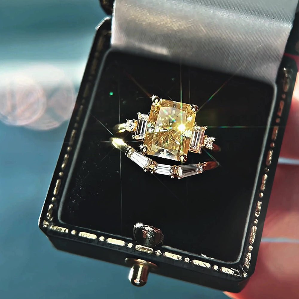 3 Carat Radiant Cut Moissanite Engagement Wedding Ring Set in 14K Gold - Elongé Nova - Lord of Gem Rings