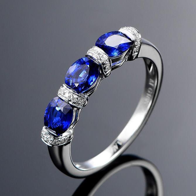 3-Stone Oval Blue Sapphire Diamond September Birthstone Band 14K
