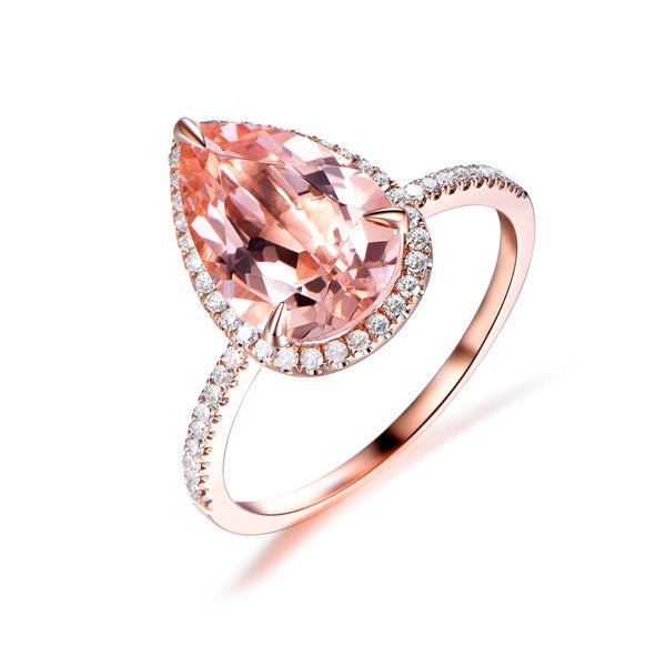 3ct Elongated Pear Morganite Ring Accent Diamond Halo 14K Rose Gold - Lord of Gem Rings