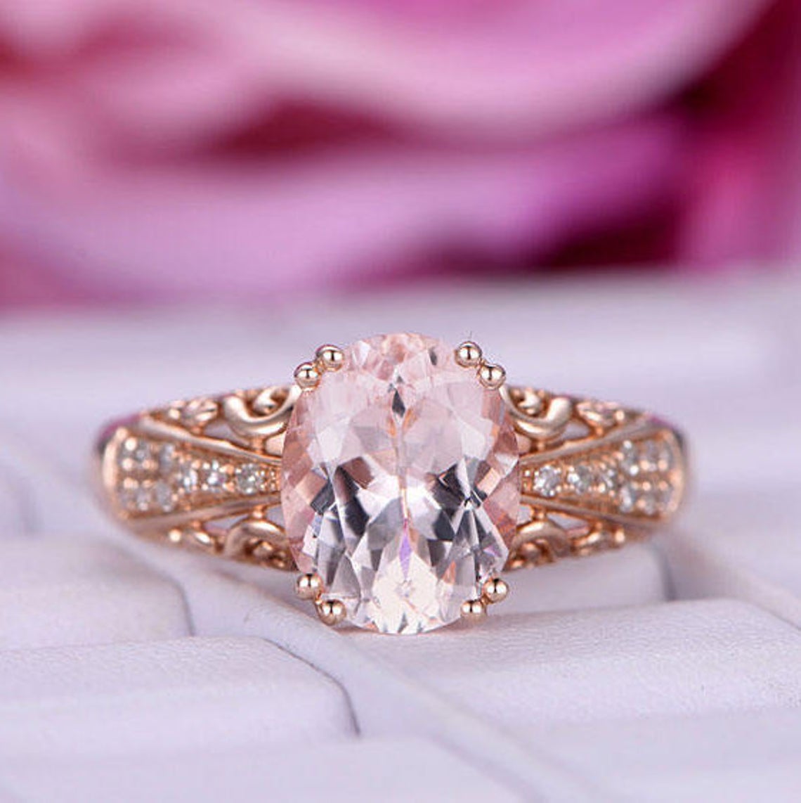 Vintage Oval Morganite Engagement Ring Celtic Filigree Shank 14K