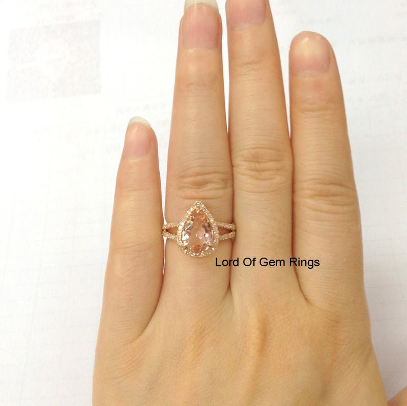 3ct Pear Morganite Ring Diamond Split Shank 14K Rose Gold - Lord of Gem Rings