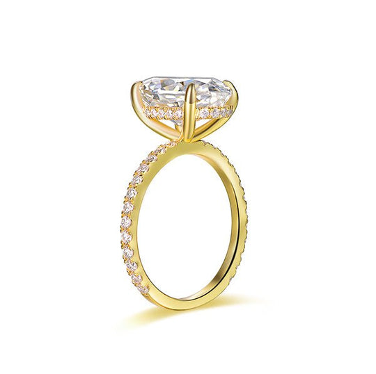 4ct Elongated Oval Crushed Ice Cut Moissanite Diamond Hidden Halo Engagement Ring 14K Yellow Gold