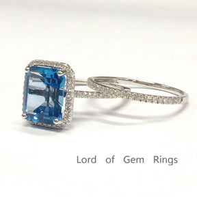 4ctw Emerald Cut Blue Topaz Diamond Bridal Set 14K White Gold - Lord of Gem Rings
