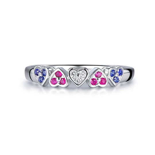 5 Heart Diamond Ruby Sapphire July September Birthstone Wedding Band 14K Gold