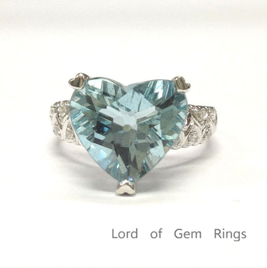 5.2ct Heart Aquamarine Filigree Shank Engagement Ring 14K White Gold