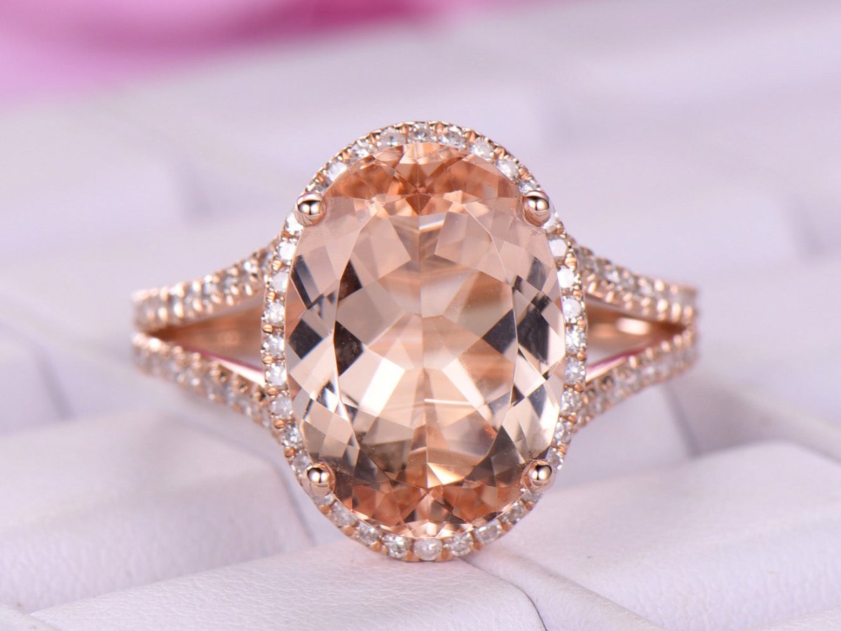 5ct Elongated Oval Morganite Diamond Ring Split Shank 18K Rose Gold - Lord of Gem Rings