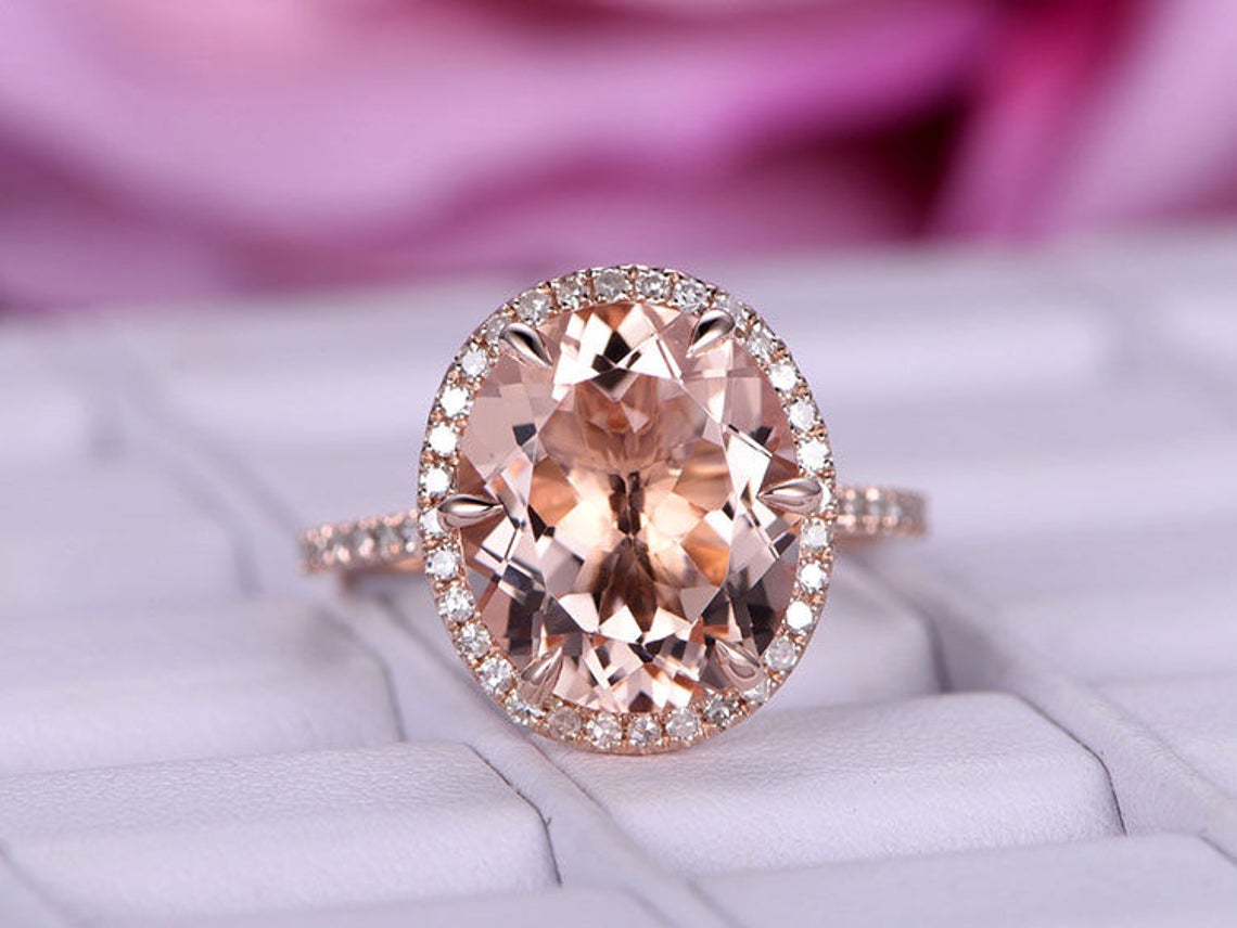 5ct Oval Morganite Ring Accents Diamond Halo - Lord of Gem Rings