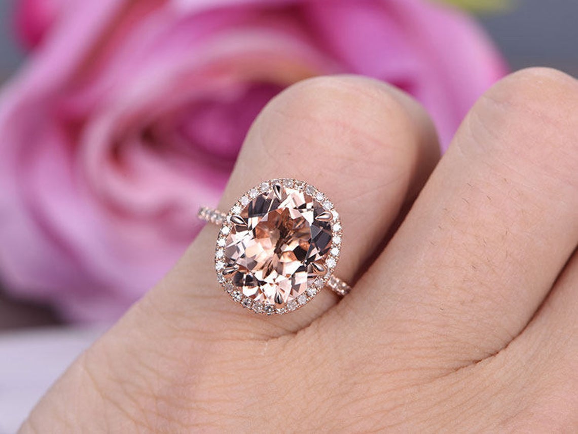 5ct Oval Morganite Ring Accents Diamond Halo - Lord of Gem Rings