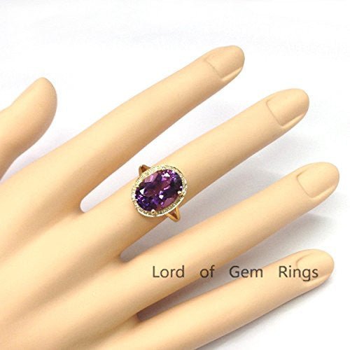 6ct Oval Purple Amethyst Diamond Halo Split Shank Ring 14K Yellow Gold - Lord of Gem Rings