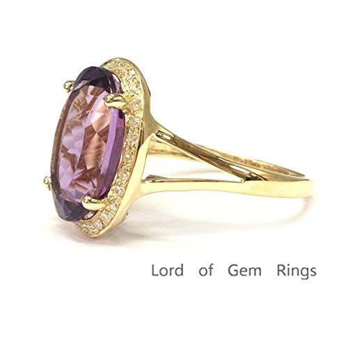 6ct Oval Purple Amethyst Diamond Halo Split Shank Ring 14K Yellow Gold - Lord of Gem Rings