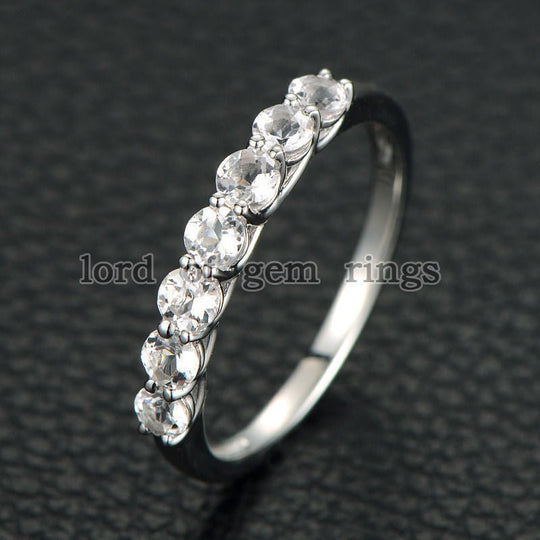 7 Stones Round Morganite Share Prong Wedding Band 14K White Gold