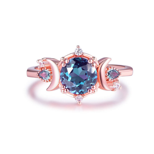 7mm Round Alexandrite Diamond Crescent Ring 14K Rose Gold