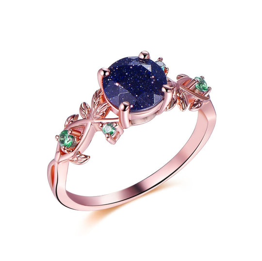 7mm Round Blue Sandstone Engagement Alexandrite Vine Ring 14K Gold/Silver