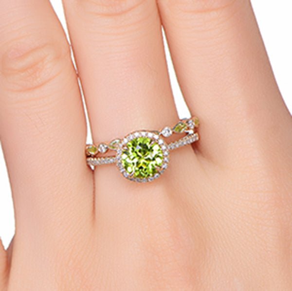 7mm Round Peridot Ring Marquise Peridot Wedding Band Bridal Set 14K Yellow Gold - Lord of Gem Rings