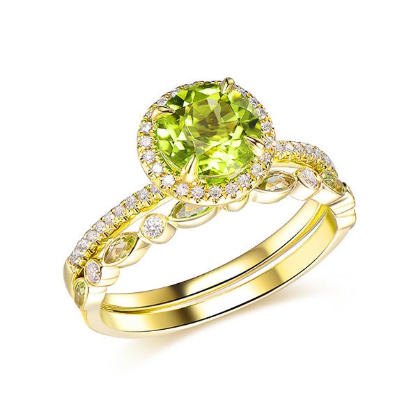 7mm Round Peridot Ring Marquise Peridot Wedding Band Bridal Set 14K Yellow Gold - Lord of Gem Rings