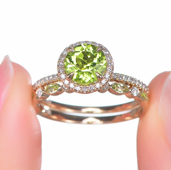 7mm Round Peridot Ring Marquise Peridot Wedding Band Bridal Set 14K Yellow Gold - Lord of Gem Rings