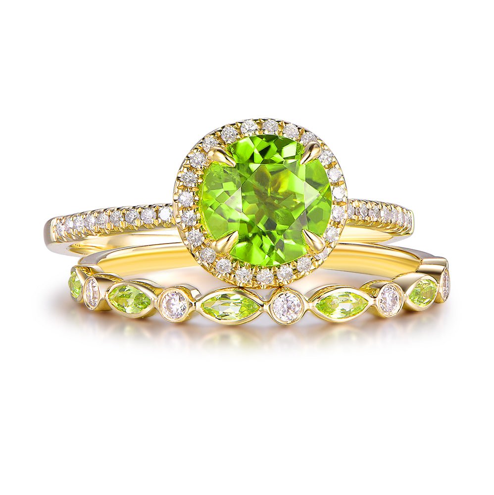 7mm Round Peridot Ring Marquise Peridot Wedding Band Bridal Set 14K Yellow Gold - Lord of Gem Rings