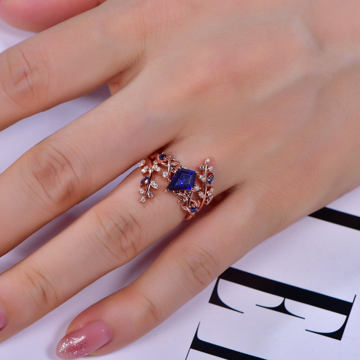 7x10mm Kite Sapphire Alexandrite Moissanite Vine Ring Bridal Set 14K Gold - Lord of Gem Rings