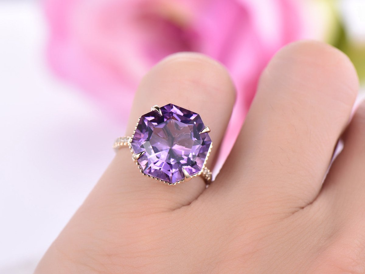 8ct Octagonal Amethyst Engagement Ring Milgrain Under Gallery 14K Yellow Gold - Lord of Gem Rings