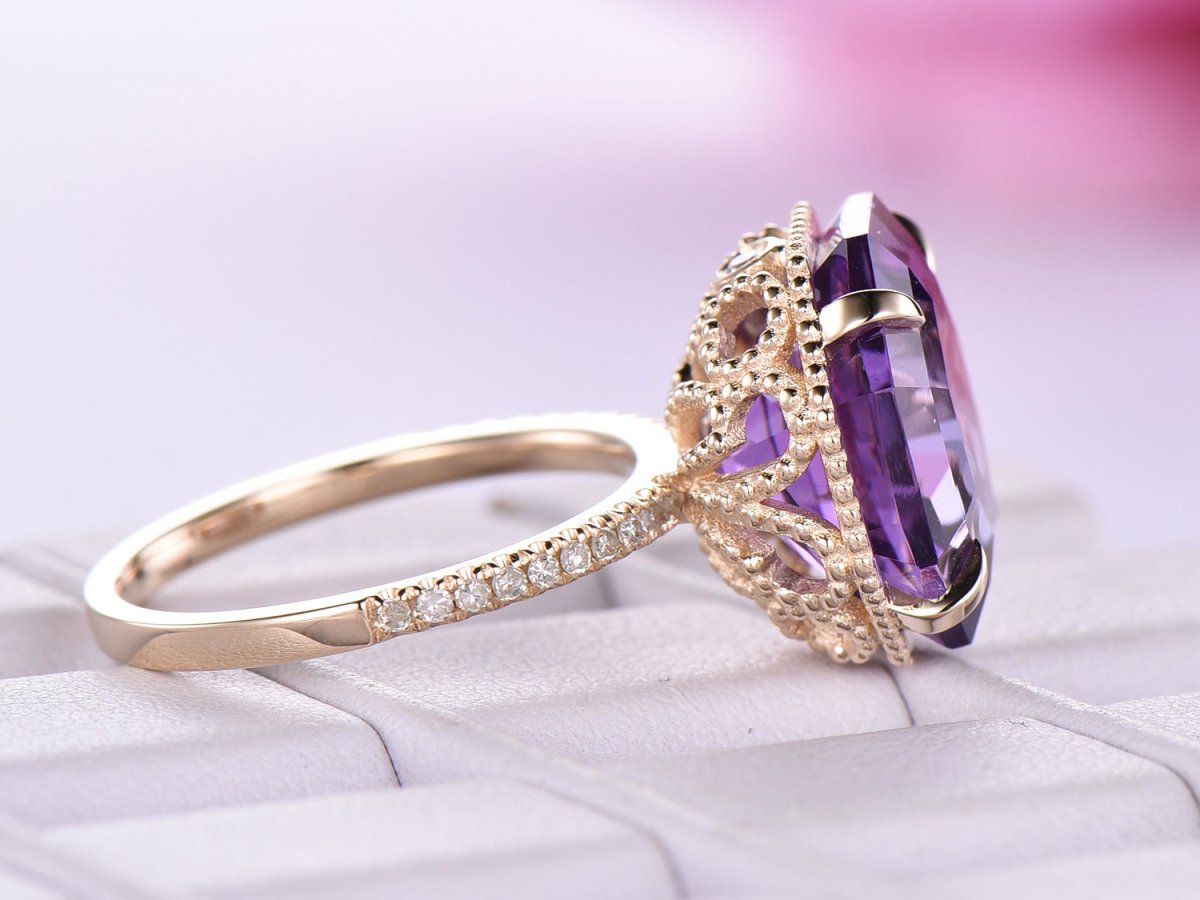 8ct Octagonal Amethyst Engagement Ring Milgrain Under Gallery 14K Yellow Gold - Lord of Gem Rings